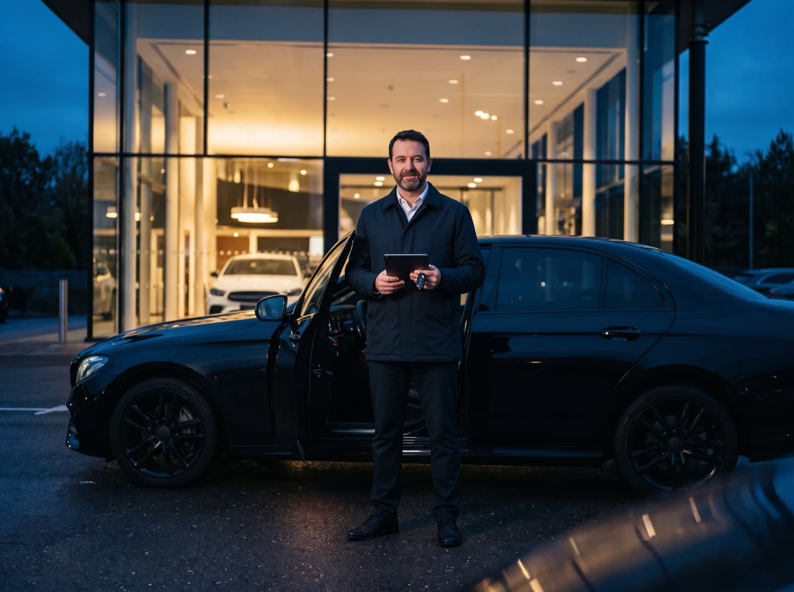 Übergabe einer schwarzen Limousine vor einem Autohaus am Abend, Fahrer mit Tablet und Schlüssel